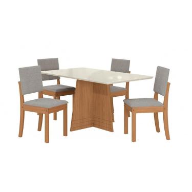 Imagem de Conjunto de Mesa de Jantar Retangular com Tampo de Vidro Off White Lotus e 4 Cadeiras Luna Bouclé Cinza e Canela
