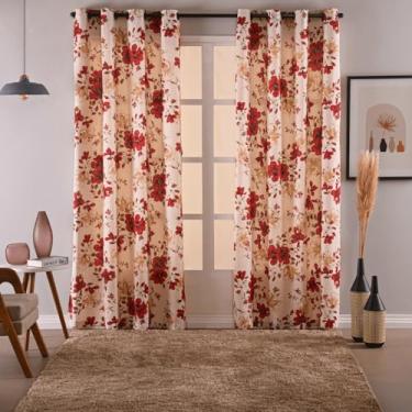 Imagem de Cortina Rústica Estampada, 280 x 180 cm, Decorativa com Ilhós Tabaco (Floral Vermelho)