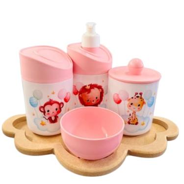 Imagem de Kit Higiene Baby Safari Menino e Menina c/bandeja em MDF (NUVEM CRUA/ROSA, Leão/Macaco/Girafa - Balões)