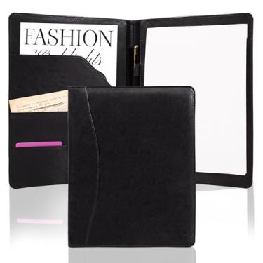 Imagem de AZXCG Pasta de couro PU para portfólio, pasta de currículo para entrevistas, porta-cartões de visita, organizador com almofadas legais A4 para homens e mulheres (preto)