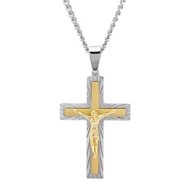 Imagem de Pingente masculino de crucifixo amarelo de aço inoxidável - corrente de freio de 61 cm com fecho lagosta, Metal, Sem Pedra Preciosa