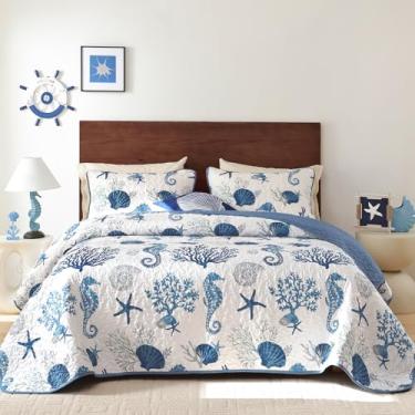 Imagem de Djoymock Conjunto de colcha king-size litoral, 3 peças, temática de praia azul de verão, com fronhas, reversível, de microfibra, oceano, colchas náuticas, edredom leve para todas as estações