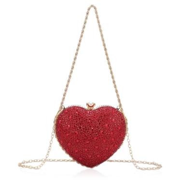 Imagem de Simcat Linda bolsa clutch em forma de coração amor coração feminino strass casamento bolsa embreagem festa noite bolsa, Vermelho, One Size