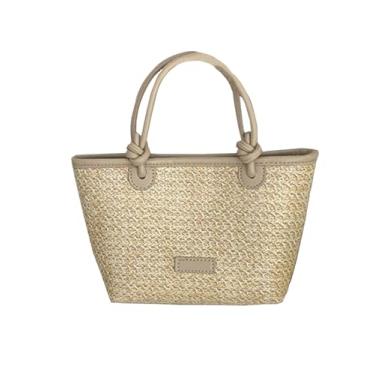 Imagem de SHAREYOIU Bolsa de tecido vintage feita à mão Wheatgrass à beira-mar com alça de madeira, Bege