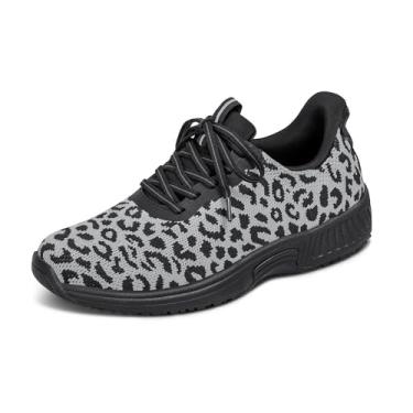 Imagem de Orthofeet Tênis feminino ortopédico de malha Kita mãos livres, Leopardo de neve, 9 Wide