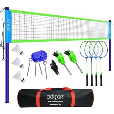 Imagem de Conjunto de badminton para quintal com rede | Rede portátil para badminton ao ar livre com sistema de guincho, 4 raquetes badmitton, 3 petecas de nylon, linha de limites e bolsa de transporte durável para gramado, praia