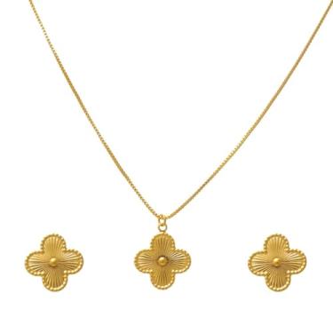 Imagem de Conjunto Feminino de Colar e Brincos De Trevo Detalhado Virginia Folheado em Ouro 18K SoftJoias