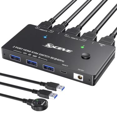 Imagem de KVM Switch 2 in 1 Out USB 3.0 HDMI KVM Switch 8K@60Hz 4K@60Hz for 2 Computers Share 1 Monitor and Keyboard Mouse Printer with Remote and USB3.0 Cables