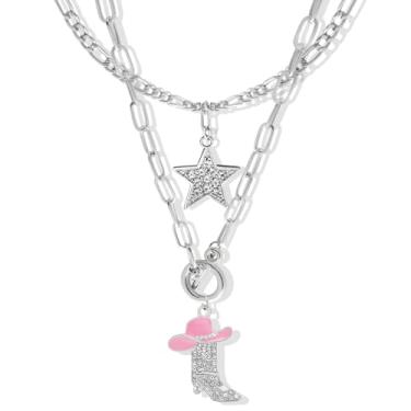 Imagem de RechicGu Conjunto de 2 peças de gargantilha de estrela de strass brilhante, pingente de bota de vaqueira ocidental, conjunto de colar empilhável para mulheres, corrente grossa, chapéu esmaltado de