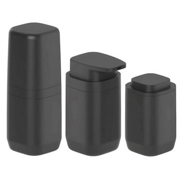 Imagem de Kit Banheiro 3pç Porta Escova Cotonete Algodão + Dispenser Sabonete 380ml Preto - Aura Ou 
