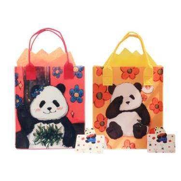 Imagem de VIWATIN Pacote com 2 sacos de presente de feltro com estampa de panda - Saco de compras reutilizável ecológico com alça, papel de seda e cartão, bolsa de compras leve multiuso média para viagem