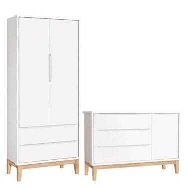 Imagem de Cômoda Com Porta E Guarda Roupa Infantil 2 Portas New Classic Branco Com Pés Madeira Natural ? Reller