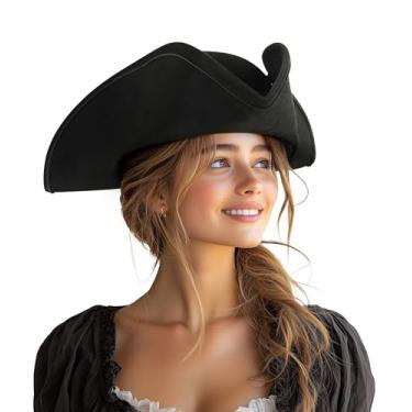 Imagem de UQJE Chapéu de pirata autêntico para mulheres, adulto, couro, tricórnio, acessório de fantasia colonial de Halloween, preto
