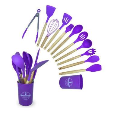Imagem de Concha Escumadeira Jogo  Colheres E Talheres Silicone 12 peças, Roxo