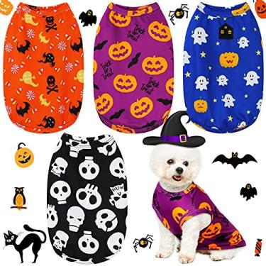 Imagem de Camiseta respirável para animais de estimação com 4 peças para cães com estampa de lindas roupas para filhotes, Halloween, abóbora, fantasmas, morcegos, esqueletos, roupas para cães para festas de Halloween, cachorro pequeno (grande)