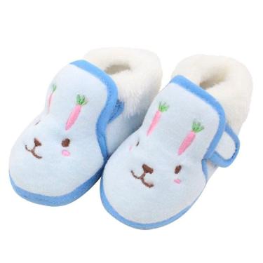 Imagem de Pantufa Sapatinho Infantil Bebe Coelhinho Azul Forrada com fecho aderente