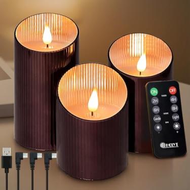 Imagem de LEDHOLYT Vela recarregável sem chama, vela falsa de vidro LED cintilante com controle remoto e temporizador, bateria incorporada, vela eletrônica de cera real para decoração de quarto, conjunto de 3