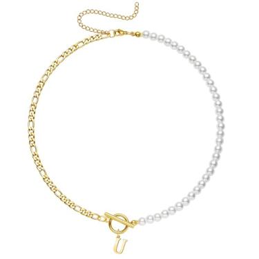 Imagem de Yanxyad Colar feminino com inicial de pérola, ouro 18K, aço inoxidável, letra A-Z, corrente fígaro, 40,6 cm + 7,6 cm, joia de presente para ela, Medium, Aço inoxidável, Sem Pedra Preciosa
