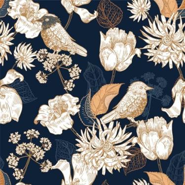 Imagem de MAGAFA Papel de parede floral vintage azul escuro dourado jardim pássaro flor descascar e colar papel de parede para quarto acento parede azul-petróleo papel de contato para armários descascar e colar