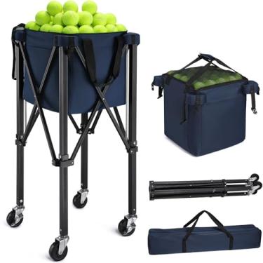 Imagem de TOBWOLF Tremonha de bola de tênis dobrável, cesta portátil de pickleball e bola de tênis para 160 bolas com rodas silenciosas, suporte de bola de pickleball de grande capacidade atualizado, carrinho