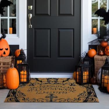 Imagem de Mindsoft Tapete Ouija Board Halloween Welcome Door Mat Spooky Ouija Board Decor Imitação de Coco Tapete para Varanda Pátio Durável Antiderrapante Tapetes Frontais para Decoração de Halloween, 76 x 43