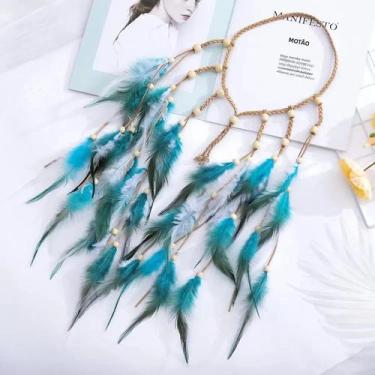 Imagem de Tiara Boêmia de Pena Artesanal - Dois Tons para Mulheres, Azul
