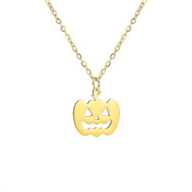 Imagem de Dreuyet Colar de abóbora pequeno para mulheres, colar delicado de abóbora, banhado a ouro 18 K, moeda martelada, delicada, minimalista, simples, dia das bruxas, dia das bruxas, colar de outono e