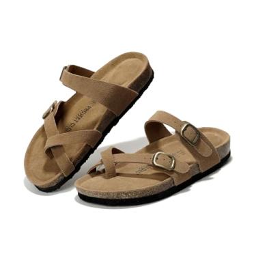 Imagem de Project Cloud Sandálias femininas de couro genuíno – confortável palmilha de cortiça com espuma viscoelástica praia Essential Summer Sandals para mulheres 2025 (Lian), Castanho, 7.5 Wide