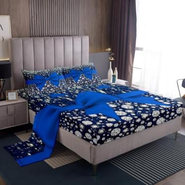 Imagem de Erosebridal Jogo de lençol de cama com laço azul kawaii, laço kawaii, fita de seda, tamanho Queen, com estampa de lantejoulas com glitter, lençol de cima de diamante, estilo princesa sonhadora,