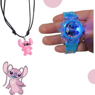 Imagem de Kit Relógio Infantil Digital Led Pisca Luz colorida musical Disney Stitch Angel Lilo + Colar gargantilha pingente 3d
