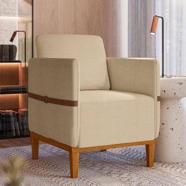 Imagem de Poltrona Decorativa Estofada com Pés em Madeira Maciça Estelí Espresso Móveis Linho Bege/Sintético Caramelo