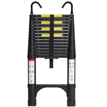 Imagem de BOCOM Escada telescópica de alumínio de 14,5 pés com ganchos, extensão dobrável multiuso leve com 2 estabilizadores de triângulo, capacidade máxima de 150 kg para uso doméstico, trailer e trabalho ao