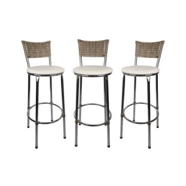 Imagem de KIT 3 Banquetas Alta Cromada Junco CAPPUCCINO Cozinha Balcão Bancada -