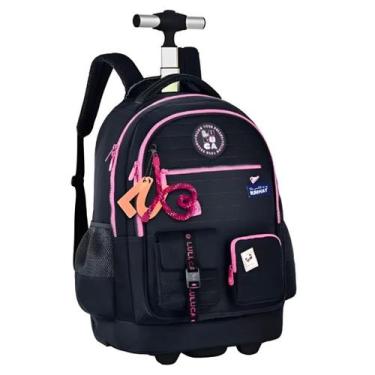 Imagem de Mochila Carrinho Rodinha Luluca Bolsa Mala Escolar Viagem Preto Rosa A
