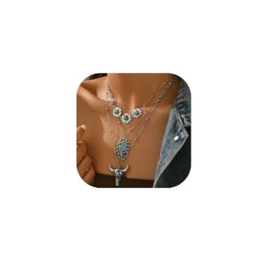 Imagem de ItsStarred Colar feminino em camadas de vaqueira ocidental, vintage, banhado a prata, cabeça de touro, relâmpago, flor, turquesa, pingente de corrente de concerto, acessórios de vaqueira, Zinco, Sem