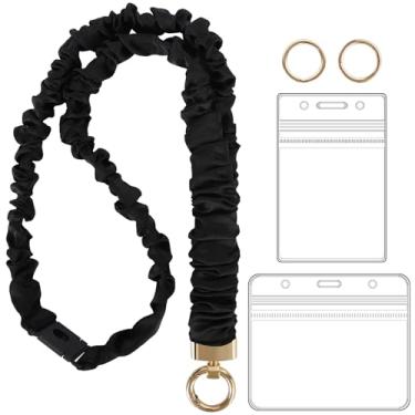 Imagem de YAVVOZH Cordão Scrunchie Breakaway com suporte de identidade, cordões elásticos para crachás de identificação, preto
