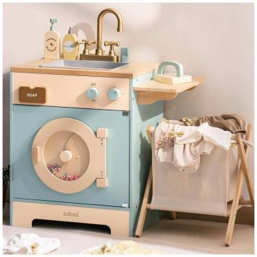 Imagem de Conjunto de Lavanderia Educativa de Madeira com Máquina de Lavar e Secar para Crianças, Design Realista com Acessórios - Brinquedo Educativo