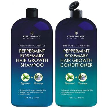 Imagem de Shampoo e Condicionador 473 ml para Crescimento e Queda de Cabelo com Alecrim e Menta, FIRST BOTANY, Azul