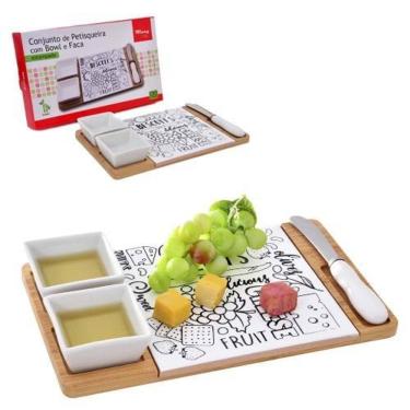 Imagem de Conj Petisqueira Porcelana 2 Pcs + Faca Inox E Tabua Bambu