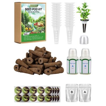 Imagem de AOONEG Kit de cápsulas de sementes de 144 peças: 50 esponjas de cultivo, 50 etiquetas de cápsulas, 20 cestas de cultivo, 20 cúpulas de cultivo, 4 alimentos para plantas A&B, kit Grow Anything