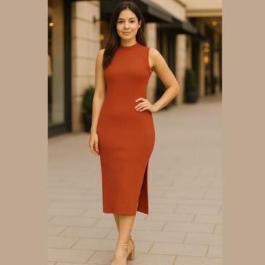 Imagem de Vestido Midi Canelado Com Gola Alta e Fenda - Cativa, G, Laranja