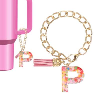 Imagem de Berloque de letras para copo Stanley, lindo pingente inicial P acessórios para chaveiro Stanley Tumbler Handle chaveiro personalizado para mulheres, rosa