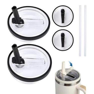 Imagem de Pacote com 2 tampas transparentes de substituição com canudos dobráveis para copos Stanley de 1,134 g - à prova de vazamento e vem com 2 canudos extras (preto)