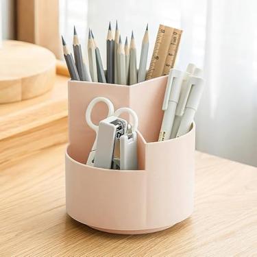 Imagem de Porta-lápis de mesa com 3 compartimentos, organizadores multifuncionais de armazenamento de mesa com rotação de 360°, presentes para homens e mulheres (rosa)