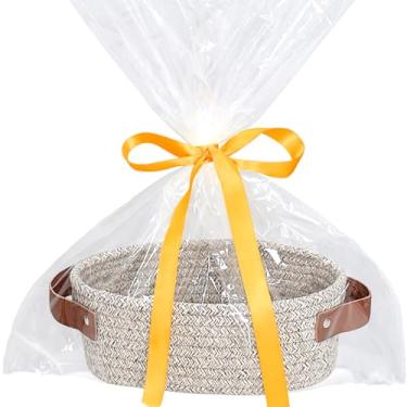 Imagem de Cesta pequena de tecido com saco de presente e fita, pequena cesta de armazenamento, mini cesta, linda cesta de tecido de corda de algodão, cesta de prateleira, cesta decorativa boho, cesta de