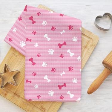 Imagem de Toalhas de cozinha de pegadas de osso de cachorro rosa, panos de prato para lavar pratos de cozinha, toalha de chá decorativa de microfibra macia, panos de prato toalha de mão para banheiro, casa de