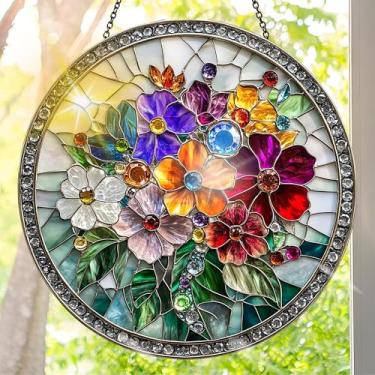 Imagem de Suncatcher acrílico colorido, decoração de janela suspensa de flores com design de vitral impresso, apanhador de sol, arte de parede de arco-íris, ideia de presente e ornamento de jardim, uso interno
