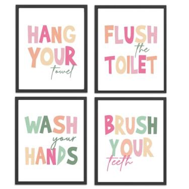 Imagem de Pôster de parede Pink Wash Your Hands Conjunto de 4 impressões de arte rosa para banheiro, decoração de parede, berçário, banheiro, impressões, pôsteres (20 x 25 sem moldura)