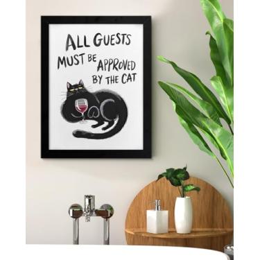 Imagem de Decoração engraçada de arte de parede de gato All Guests Must Be Approved by the Cat Print Poster Pintura emoldurada para decoração de parede de sala de estar de casa de hóspedes 15 x 20 cm