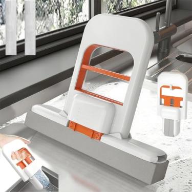Imagem de Mini esfregão de mesa dobrável, esfregão curto portátil, sistema de limpeza de uso úmido e seco, alça de aperto com uma mão e cabeça substituível, para cozinha, bancadas, vidro, banheiro (1 laranja +